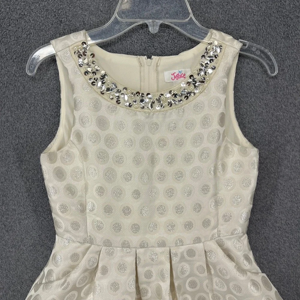 Justice Party Dress Girls 8 Cream Silver Metallic Polka Dot Sequin Embellished